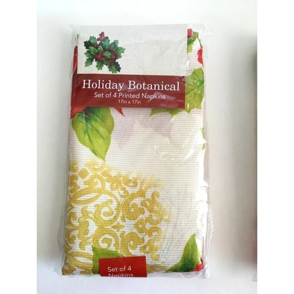 Christmas Poinsettia Fabric Napkins Holiday Botanical Red Gold Set of 4